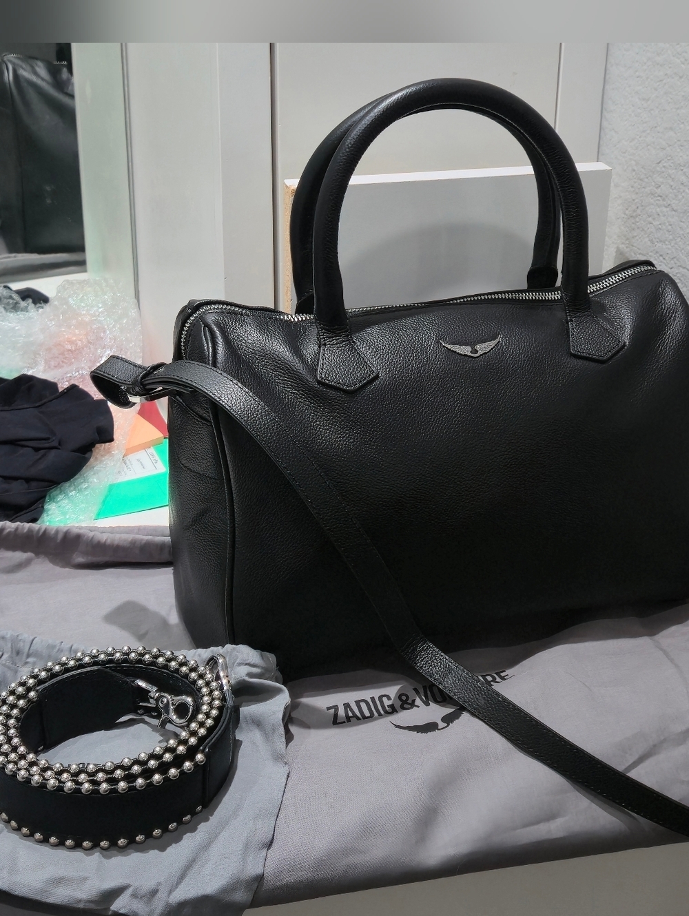 Zadig & Voltaire Black Pebbled Leather Satchel with Studded Detachable Strap - Picture 2 of 9